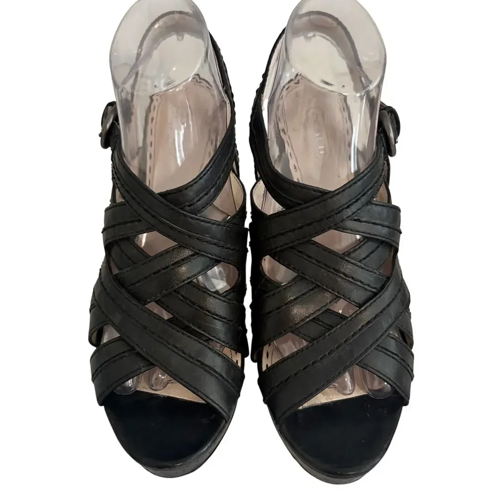 COACH Brynne Black Leather Strappy Gladiator Platform Heel Sandals Luxury Glam